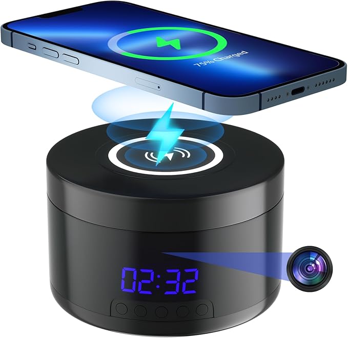 Indoor Security Camera | Clock & Wireless Charging, 1080P WiFi Cameras with Motion Detection, Night Vision, Local & Cloud Storage,with APP (Black)