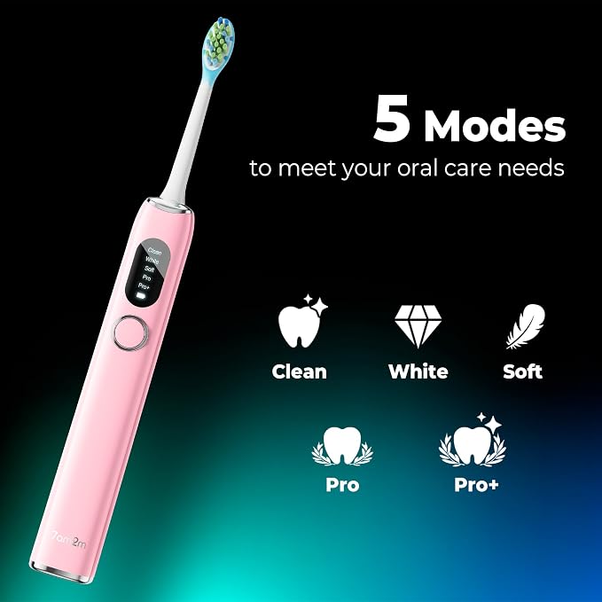 7AM2M Sonic Electric Toothbrush for Adults&Teens with LED Screen, 5 Modes, One Charge for 365 Days, 2 Minute Timer, with 8 Brush Heads and Travel Case (Pink)