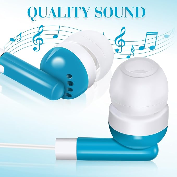 Konohan 25 Pcs Bulk Earbuds with Wire Basic Headphones in Ear for Libraries Laptop, No Microphone 3.5 mm Jack Earbuds Dot Headphones, Individually Bagged (Sky Blue)