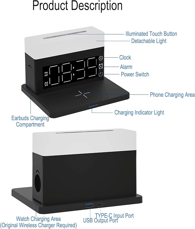6 in 1 Wireless Charger, 15W Fast Charging Station with Digital Clock, Alarm & Night Light, Multi-Device Charging Dock for Phone/Smartwatch/Earbuds, RGB Ambient Light, N65 White.