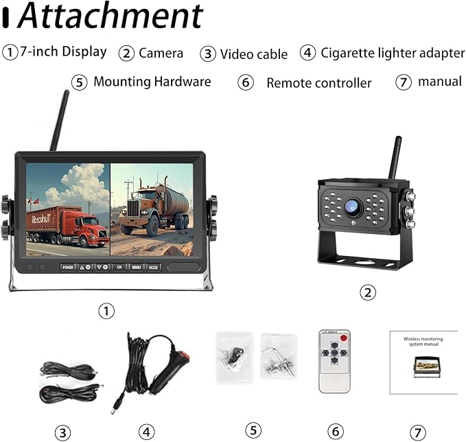 Wireless Backup Camera – Plug & Play, Pre-Wired for Furrion, 4-Channel Split-Screen, 1080P HD 7" Monitor, Wide View & Night Vision & Recording, for Trailer/Camper/Motorhome (1 Camera)