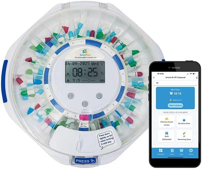 Smart WiFi Automatic Pill Dispenser with App, Locked Medication Organizer for Elderly - Tracks Adherence History, 28 Slots, Sound/Light/APP Alerts, Up to 9 Alarms/Day, for Vitamins, Supplements