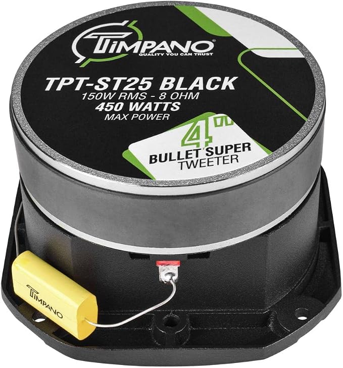 Timpano Super Tweeter 4 Inch TPT-ST25 Black, 8 Ohm, 900 Watts Max, 107 dB, 1.5 in Voice Coil, HIgh Sensitivity, Slim Profile Bullet Tweeters Speakers for Pro Audio (Pair)