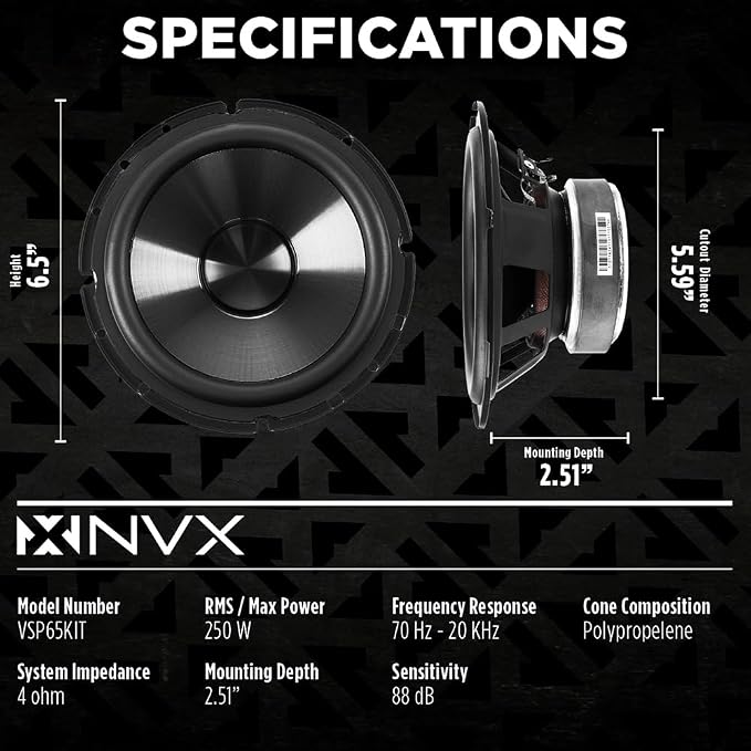 NVX VSP65KIT 750W Peak (250W RMS) 6.5" V-Series 2-Way Component Speaker System with 25mm Silk Dome Tweeters