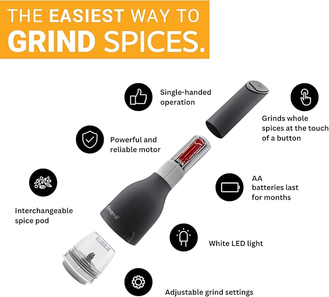 FinaMill Classic Battery Spice Mill – Battery Operated Salt and Pepper Grinder Set, Includes 2 Interchangeable Spice Pods, Adjustable Coarseness, LED Light, Home and Kitchen Gift Set for Father's Day