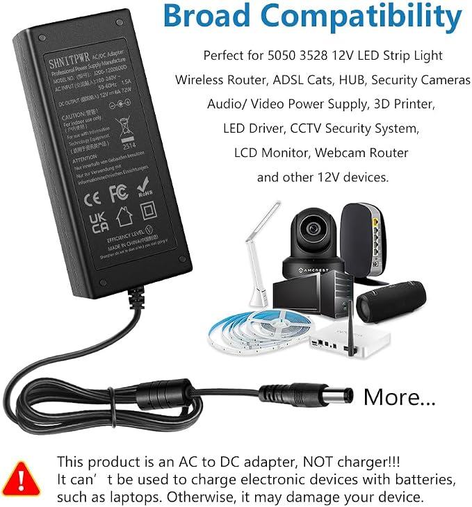 SHNITPWR 12V 6A AC DC Power Supply Adapter Converter 100V~240V AC to DC 12 Volt 6 Amp 72W LED Driver Transformer with 5.5x2.5mm Plug for 5050 3528 LED Strip 3D Printer CCTV Security System LCD Monitor