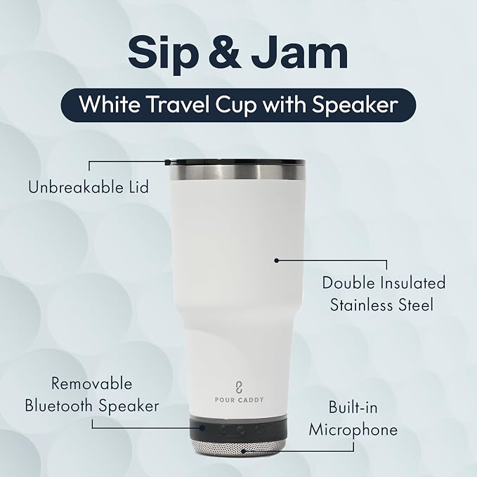 Vibe 28 oz Tumbler with Bluetooth Speaker, Insulated Stainless Steel Travel Cup with Lid, Hot & Cold Drink Beverage Container, Removable Speaker with Microphone, Rubber Base, White