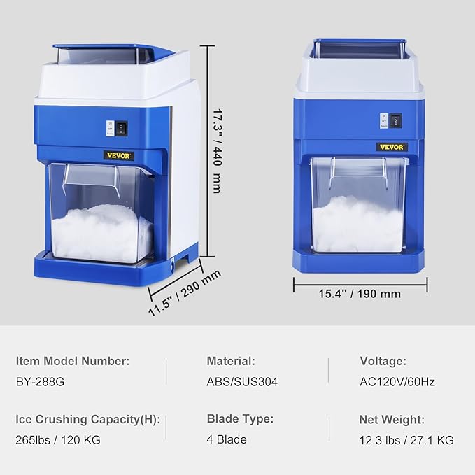 VEVOR Commercial Ice Shaver Crusher, 265lbs Per Hour Electric Snow Cone Maker with 4.4lbs Ice Box, 650W Tabletop Shaved Ice Machine for Parties Events Snack Bar, Home and Commercial Use