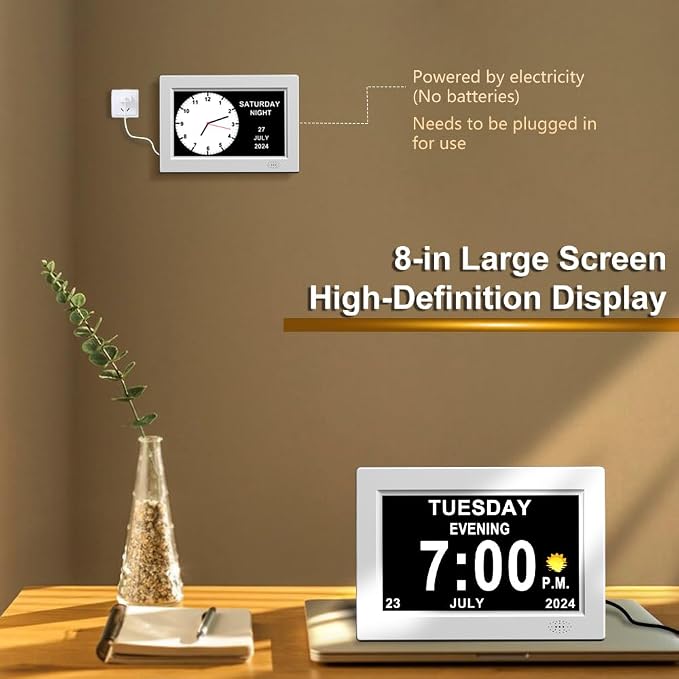 CAZOKASI 8inch Extra Large Impaired Vision Digital Alarm Clock with Day and Time for Elderly DST Calendar Clock No Battery Plug-in Power Outage Memory Auto Dimmable Clock