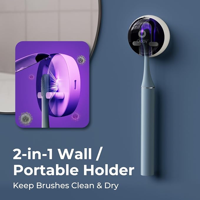 Oday Sonic Electric Toothbrush for Adults with Wall Mounted Toothbrush Sanitizer Holder and 4 Brush Heads, Smart Timer, Wireless Charging, IPX7 Waterproof, 1 Month+ Battery, Blue