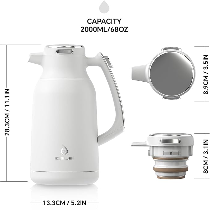 IDEUS Thermal Coffee Carafe, Stainless Steel Double Wall Insulated Vacuum Flask, Water Jug Coffee Server and Beverage Dispenser, Heat and Cold Retention (White, 68, Fluid Ounces)