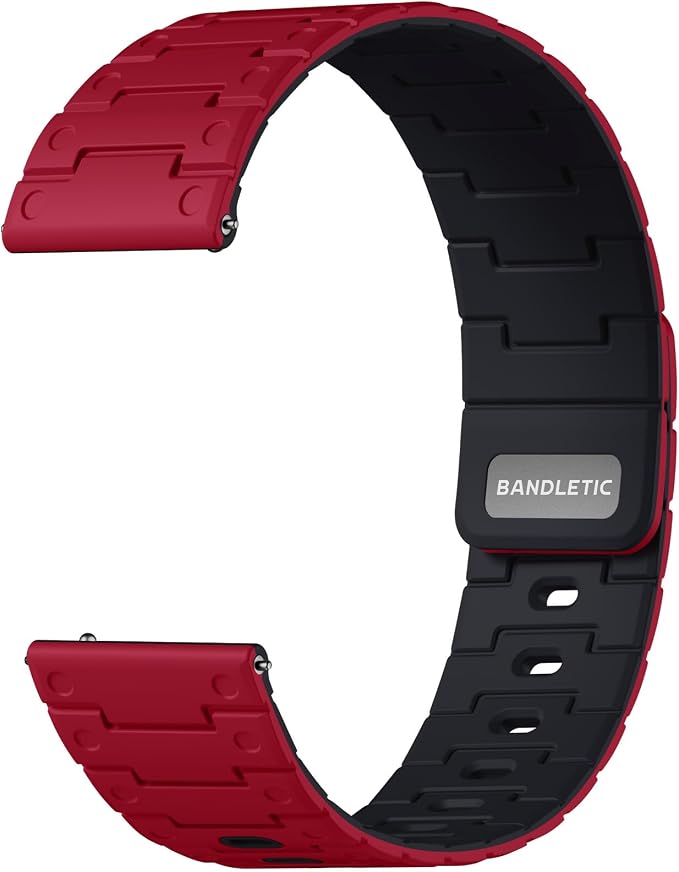 Bandletic 20mm Magnetic Watch Band, Quick Release Rugged Silicone Watch Strap Compatible with Garmin Forerunner 245 Watch Band, Soft Smartwatch Wristband Replacement Straps for Men Women, Red/Black