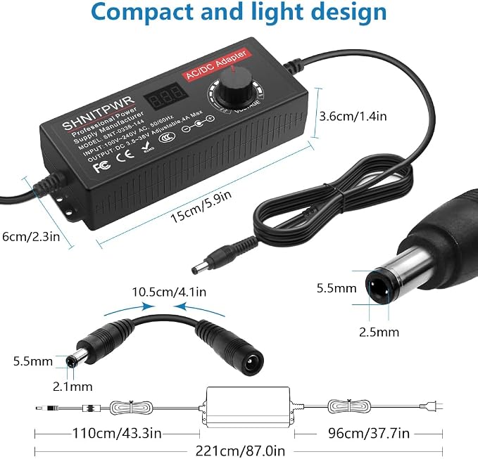 SHNITPWR Universal Power Supply Adjustable 144W 3.5V~36V 4A AC/DC Adapter 12V 24V 36V 5V 6V 9V 14V Power Adapter 100V~240V AC to DC Converter Multi-Voltage Variable Transformer 14 Tips