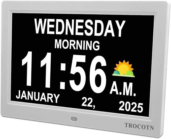 TROCOTN Dementia Clocks, Large Display Calendar Alarm Clock with Auto DST for Seniors, 5 Display Modes Large Font Digital Clock with Custom Alarms Day Date Clocks.(10 Inch White)