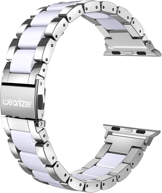 Wearlizer Compatible with Apple Watch Band 42/44/45/46/49mm Fashion Silver Womens Mens， Stainless Steel Strap White Resin Wristband Replacement iWatch Series 11 10 9 8 7 6 5 4 3 SE/Ultra 3 2 1
