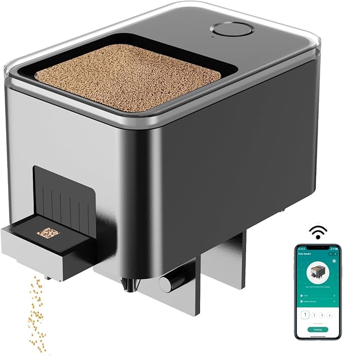 WiFi Fish Feeder for Aquarium Automatic Fish Feeder Automatic Dispenser, App Set Timer, Remote Control, USB Power, Suitable for Fish Tank Pelleted Food, Black