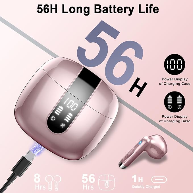 Wireless Earbuds, Bluetooth Headphones V5.4 Stereo Bass Ear Buds with ENC Noise Cancelling Mics,56H Bluetooth Earbuds with LED Display Charging Case, IP7 Waterproof Earphones for Android iOS【Mini】