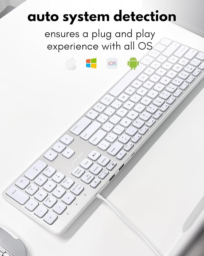 Macally Wired Keyboard for Mac with USB Hub (2X USB-A / 1x USB-C) - Compatible Backlit Apple Keyboard with Dual Interface - Auto OS Detection for Mac, MacBook, iMac, PC, Android, iPad, iOS - Silver
