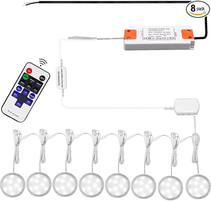 AIBOO Linkable Under Cabinet LED Lighting 12V Dimmable Puck Lights Hardwired with Wireless RF Remote Control for Kitchen Mood Lighting(8 Lights, Daylight White, NO Wall Plug)