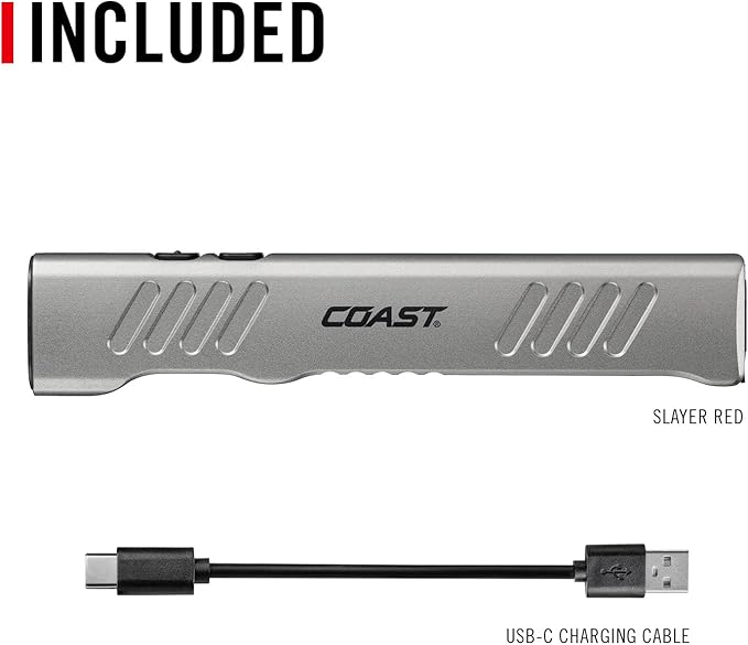 Coast Slayer RED 1000 Lumen USB-C Rechargeable LED Flashlight with Red Mode, Spot/Flood, Memory Mode and Pocket Clip
