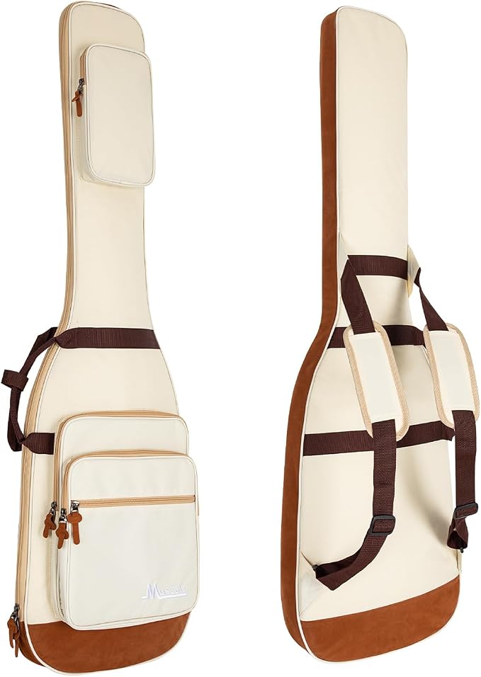 Bass Guitar Bag 0.5 Inch Padding Bass Guitar Case, Bass Electric Guitar Gig Bag Backpack with Neck Strap and 4 Pockets, White