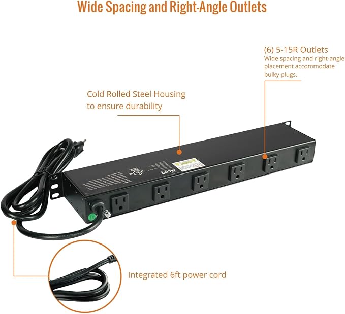 Tecmojo 1U Rackmount Network-Grade PDU, 12 Wide-Spaced Right Angle Outlets, Circuit Breaker 12A (UL Certified 12A) 6ft Cord w/ 5-15P Plug, Black