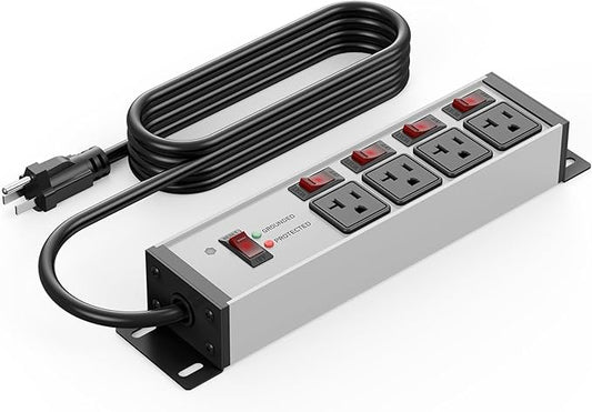 CCCEI Heavy Duty Surge Protector Power Strip 20 Amp Individual Switches. 10FT 12 Gauge Extension Cord with Multiple Outlets. Kitchen, Garage, Shop, Industrial Wall Mount Electric Extender, Grey.