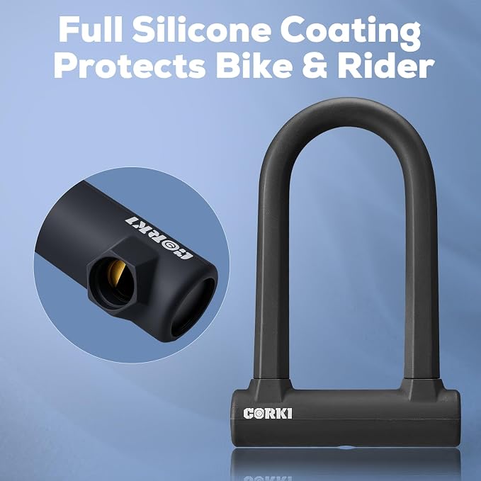 Corki Bike Lock Heavy Duty Anti Theft with 5ft Cable Bicycle U Lock | 17mm Shackle, Hardened Steel, Soft Silicone Outside, Keys and Mounting Bracket Included, For Ebike Scooter Motorcycles