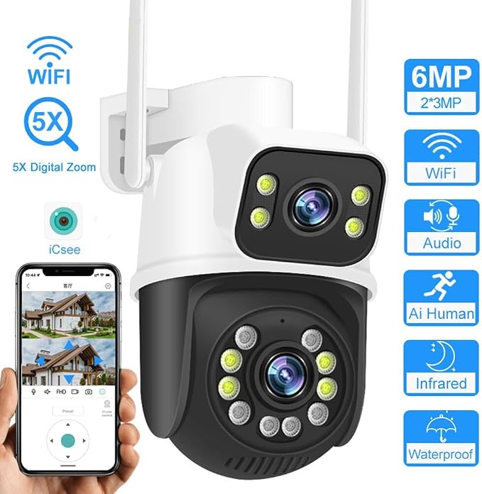 PTZ 2.4G/5G WiFi Outdoor security wireless 2X3MP Dual Lens Linkage Human Detect Pan tilt Digital zoom Auto Tracking Home Surveillance Camera 2-way audio 10M color night vision cable to outlet ICsee