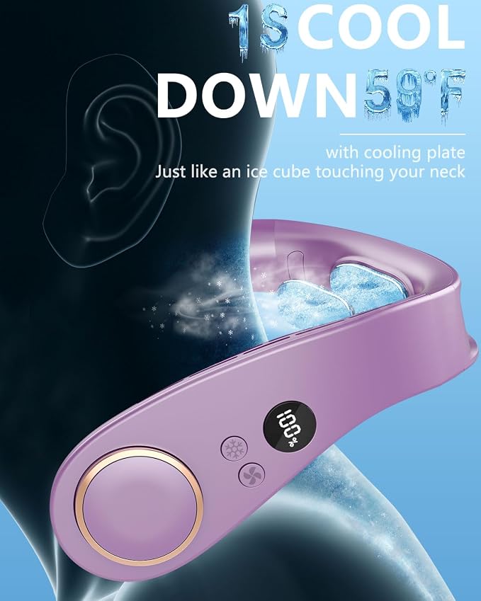 Personal Neck Fans that Blow Cold with Cooling Plate, Wearable Around Bladeless Cooling Device, Rechargeable Head Neck Coolers for Kids Women Men Extremely Hot Weather Outdoor Indoor, Dark Purple