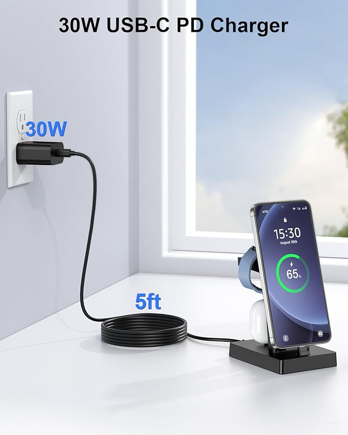 NANAMI Fast Charger for Samsung Galaxy Watch 6/5/4/3, Stand for Galaxy S24/S24+/S24 Ultra/S23/S22/S21/S20, Buds Pro, Wireless Charging Stand for iPhone 16/15/15 Pro/15 Plus/15 Pro Max/14/14 Pro/13/12