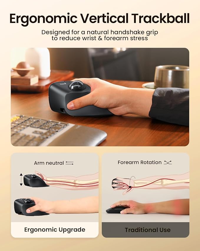 ProtoArc Vertical Wireless Trackball Mouse, EM05 NL Bluetooth Ergonomic Rollerball Mouse Rechargeable Computer Laptop Thumb Mice, 3 Device Connection, Compatible with iPad, Mac, Windows, PC-Gray