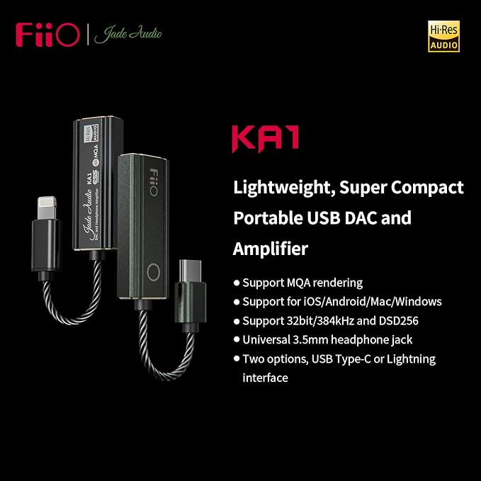 FiiO JadeAudio KA1 Headphone Amps Amplifier Tiny USB DAC High Resolution 3.5mm Lossless for Smartphones/PC/Laptops/Players(Type C, Black)