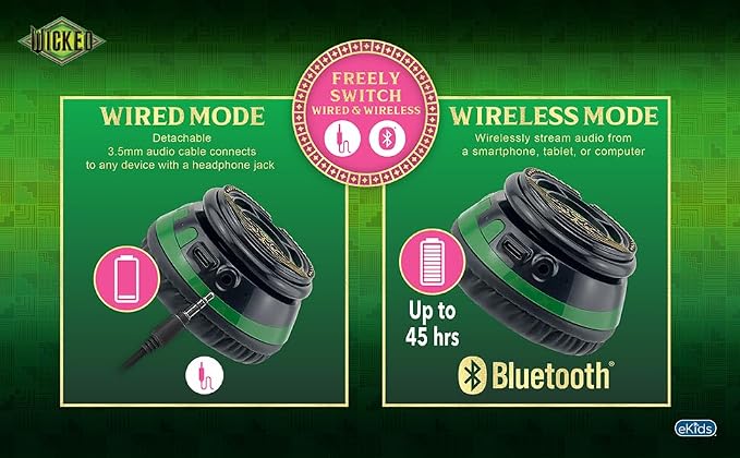 Wicked Elphaba Bluetooth Headphones for Kids, Wireless Headphones for School, Home, or Travel (Wicked Elphaba)