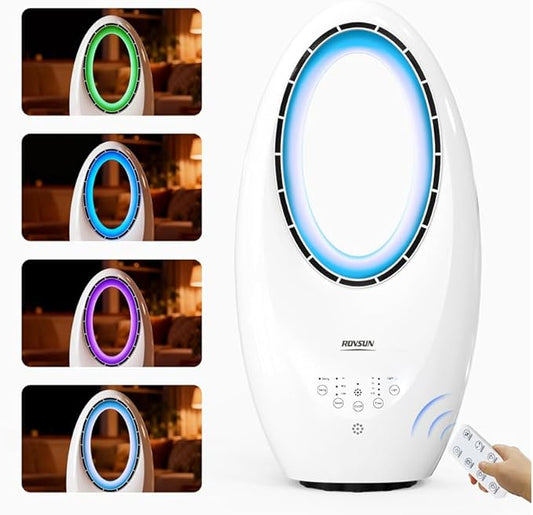 ROVSUN 22inch Bladeless Tower Fan, Quiet Smart Bladeless Fan with Mood Lighting, 60°Oscillating Cooling Fan with 3 Speeds, 7.5H Timer, Compact Tower Fan with Remote, Safe Design for Home, Bedroom