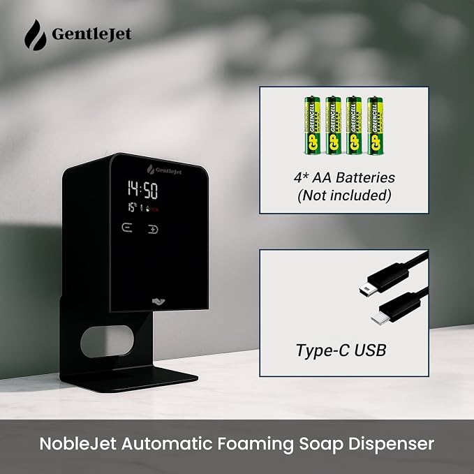 GentleJet NobleJet Automatic Foaming Soap Dispenser Touchless Sensor, LED Display, 5 Foam Levels, Wall Mount or Countertop, Rechargable USB-C or Battery Powered, Aluminum Alloy, 480 ml Refillable