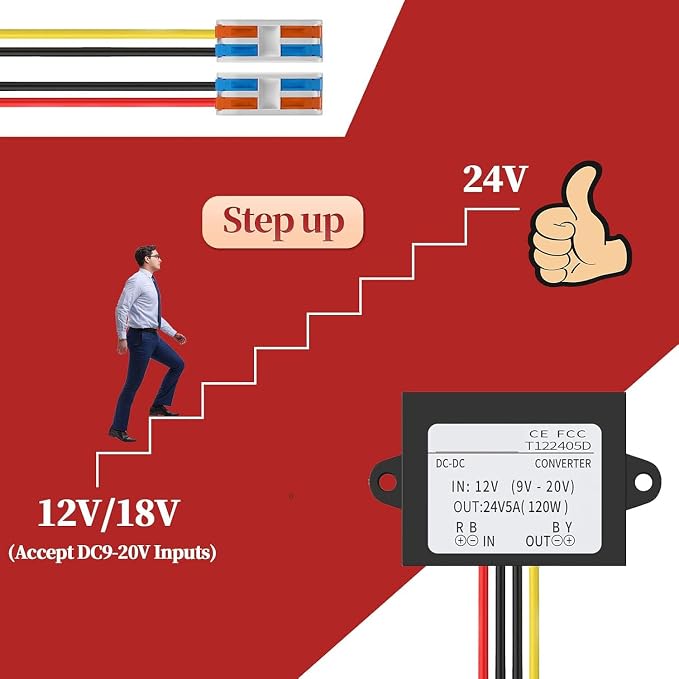 12VDC to 24VDC 5A 120W, 12 to 24V Step up Converter with Wire Terminal Block, 12 to 24 Volt Converter for Golf Cart LED Light Truck Vehicle Boat (Accept DC9-20V Inputs)