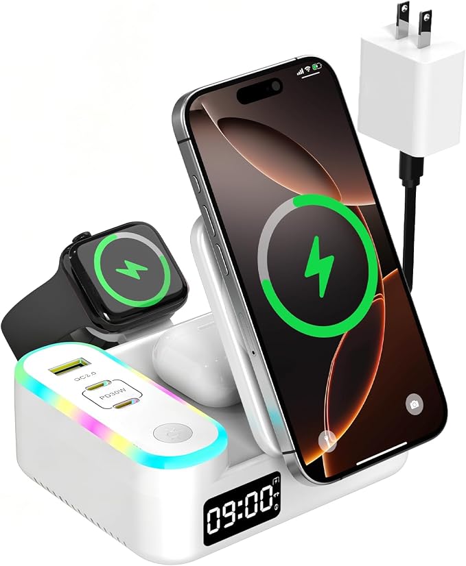 65W 8-in-1 Wireless Charging Station for Apple Samsung Multi-Devices, 3-Ports USB A/C Retractable Charger Stand/Desktop Orgnaizer for iPhone17/16/Galaxy 26/iPad/iWatch AirPods for Home Office, Family