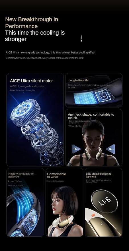 AICE Ultra Neck Fan, Portable Cooling Fan with LED Display, 6-Speed, 3000mAh Battery, White & Champagne Gold