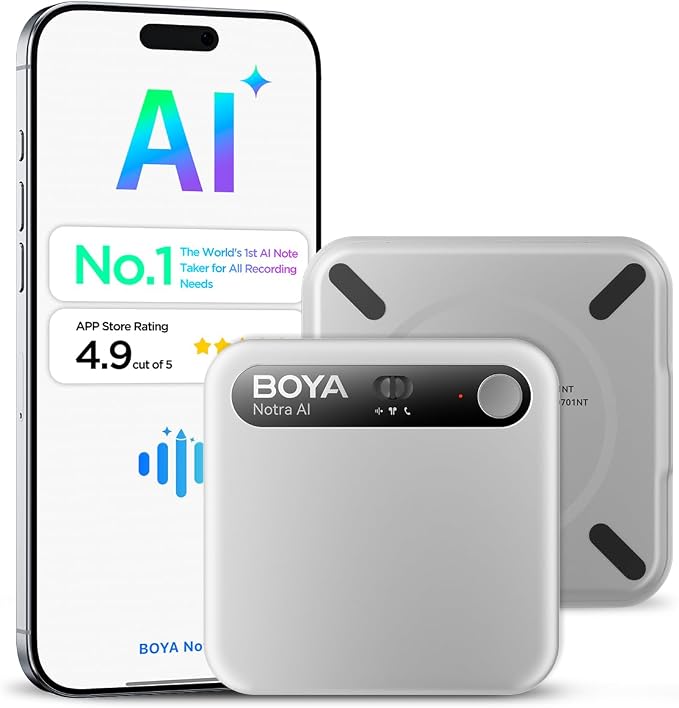 BOYA Notra AI Voice Recorder,Ambient/Phone Call/Bluetooth Capture, AI Transcription&Smart Summary, Support 140+ Languages, 64GB Storage, Magnetic Note Taker for Meetings,Lectures,Interviews(Sliver)