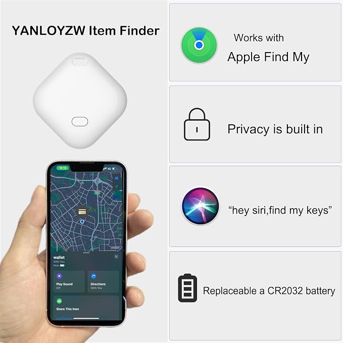Key Finder & Tracker,Bluetooth Tracker Work with Apple Find My (iOS Only)，Wallet Tracker tag Locator, Item Finder for Keys, Bags, Wallets, Replaceable CR2032 Lithium Batteries - 4Pack