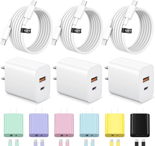 iPhone 17 16 15 Charger Fast Charging USB C Charger Block Type C Chargers Charging Block with 3 Pack 10FT Cable for iPhone 17/17 Plus/17 Pro Max/16/16 Plus/16 Pro Max/15 Pro Max/iPad Pro