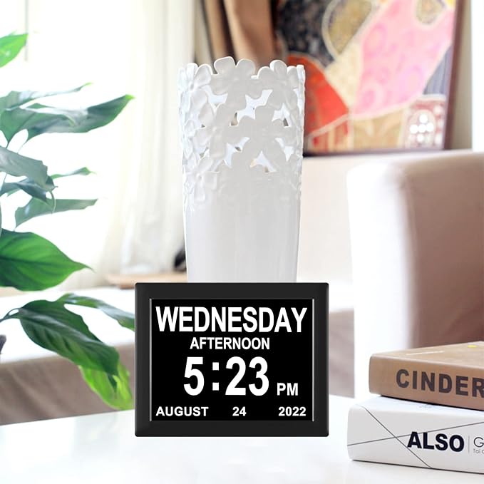 Digital Calendar Clock Date and Time Day of The Week Clock 8 Alarm Options + Auto Dimming for Seniors Dementia Elderly Patients