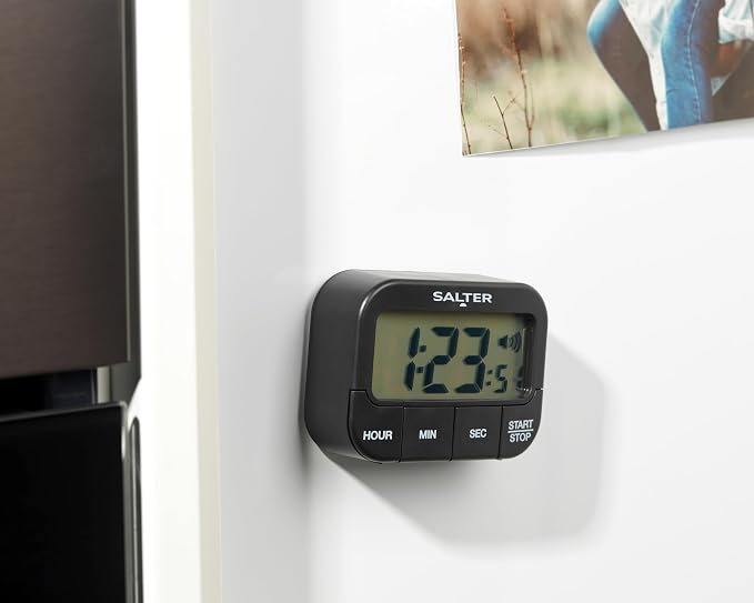Salter Kitchen Digital Display Count up or Countdown Timer, Adjustable Loud Beeper, Large Start/Stop Button, Memory Function, Magnetic or Self Standing-Black, Plastic