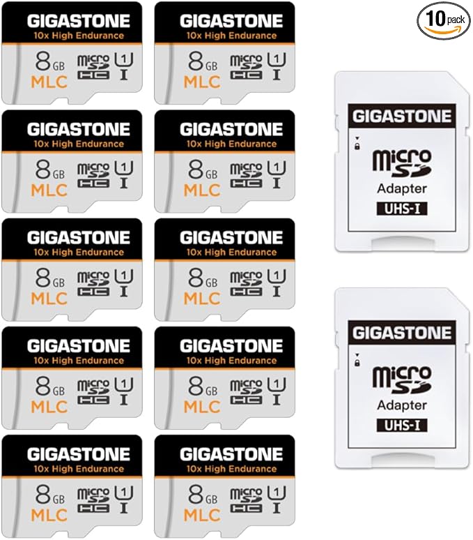 [10x High Endurance ] GIGASTONE Industrial 8GB MLC Micro SD Card 10-Pack, Full HD Video Recording, Dash Cam, Surveillance Compatible 85 MB/s, U1, with Adapter [5-Yrs Free Data Recovery]