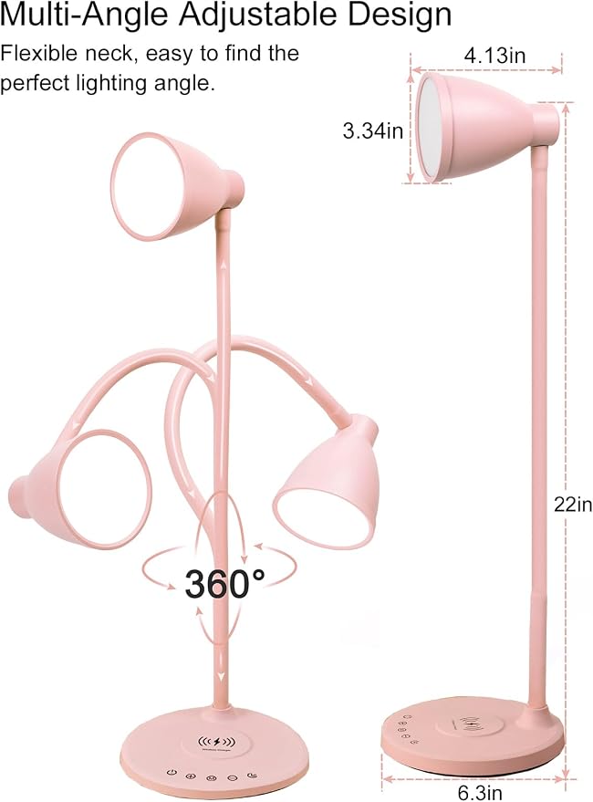 BOHON Cute Pink Aluminum Desk Lamp with USB C+A Charging Ports, Wireless Charger, 5 Colors Stepless Dimming, Touch Control, Memory Function, LED Light for Home Office College Dorm Room