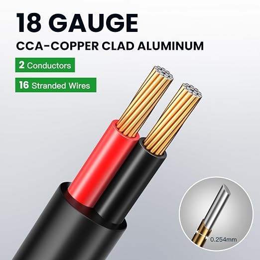 18 Gauge Speaker Wire 200 Feet CL3 Related CCA Black Cable with 2 Conductors for Outdoor Direct Burial Backyard Garden Home Car in-Wall Speaker
