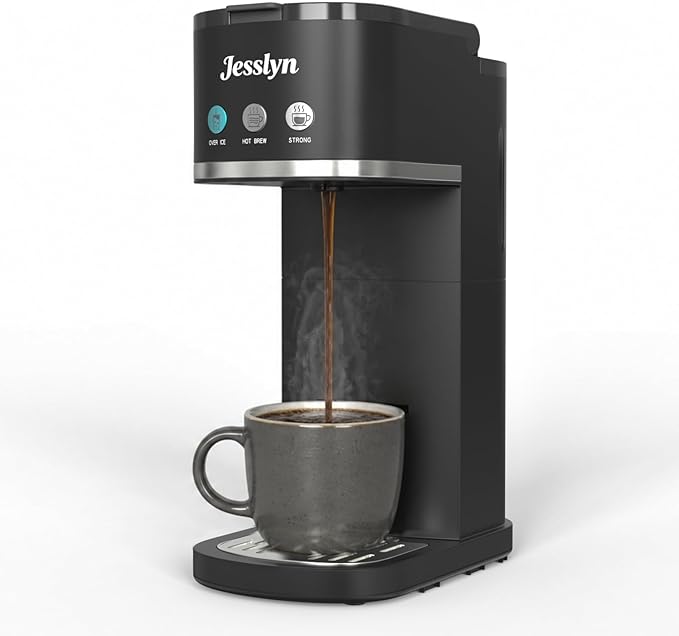 Jesslyn Single Serve Hot and Iced Coffee Maker, Compatible with Multiple Coffee Pods & Ground, Fits Tall Mugs, Over Ice & Strong Brew Function, for Home Office Travel RV Dorm, Classic Black