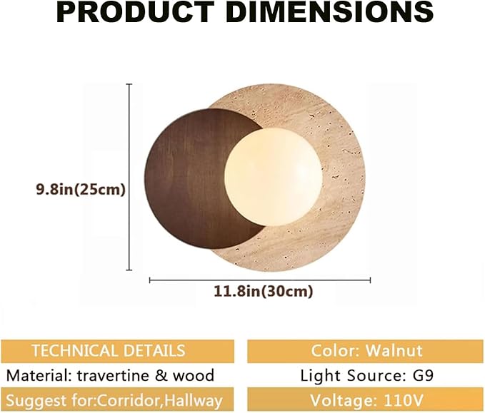 Marble Wall Lamp, Bathroom Vanity Light Fixtures, Wall Mount Lamp, Over Mirror, Stone Wall Sconces, Vintage Wall Light with Wood and Stone Shade, for Porch Workshop Kitchen Living Room