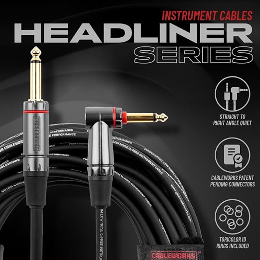 Cableworks by Gator Cases Headliner Series Premium 20 Ft Straight to Right Angle Guitar Instrument Cable with Quiet Switch Technology (GCWH-INS-20RAQT)